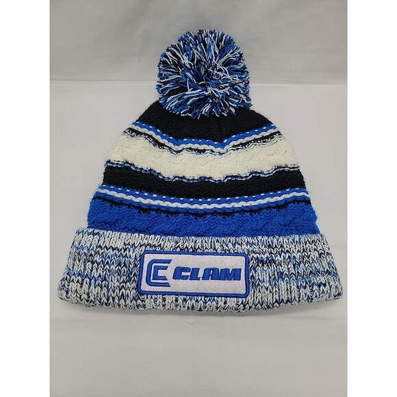 Clam Knit Pom Hat Fleece Lined One Size Blue, White, Black - Picture 1 of 6